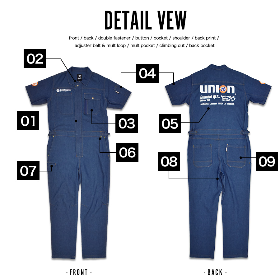 UNION76 ナナロク 半袖冷感デニムツナギ No.76-2609 ストレッチ 春 夏