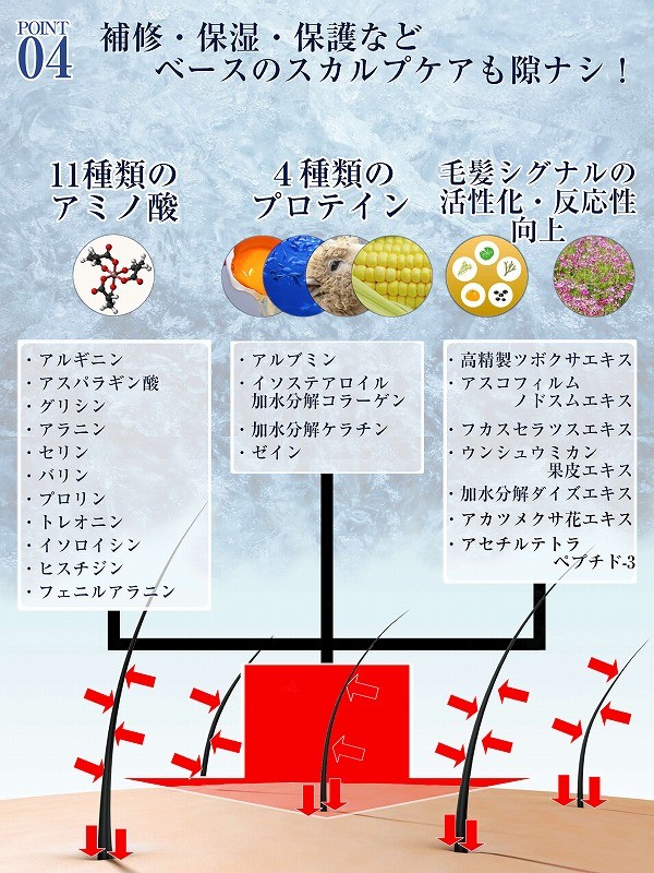 11種類のアミノ酸 ４種類のプロテイン 毛髪シグナル活性化成分でベースのスカルプケアもバッチリ