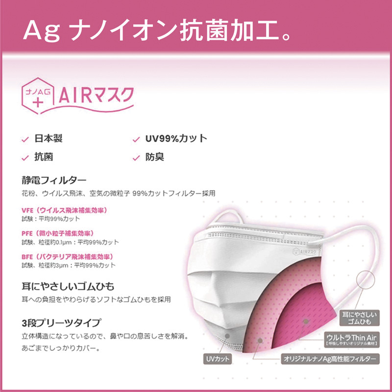 ナノAG AIR マスク 不織布 日本製 50枚 小さめ サイズ UV 99