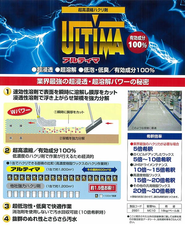 横浜油脂工業 アルティマ 18L 業務用 ワックス剥離剤 : 30030001