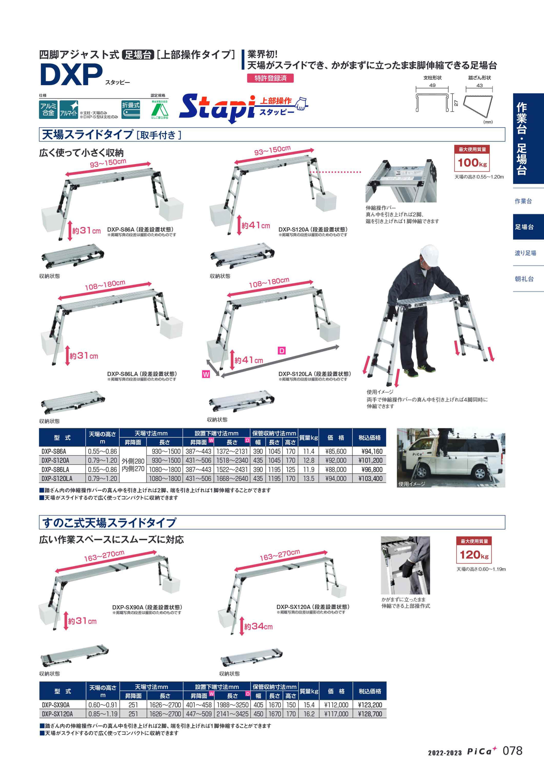 法人のみ ピカ Pica (/D) 四脚アジャスト式足場台 上部操作タイプ 天板