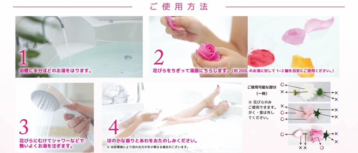 ご使用方法 (1)浴槽に半分ほどのお湯を張ります (2)花びらをちぎって湯面に浮かべます。（２００リットルに対して１−２輪が目安です） (3)花びらに向けてシャワーをかけます (4)ほのかな香りと泡をお楽しみください。