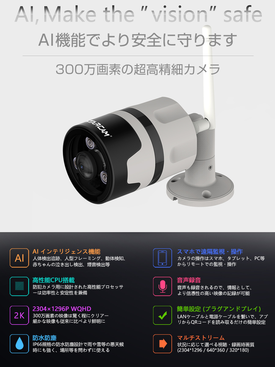 防犯カメラ C63S Vstarcam 2k 1296p 300万画素 ONVIF対応 180度