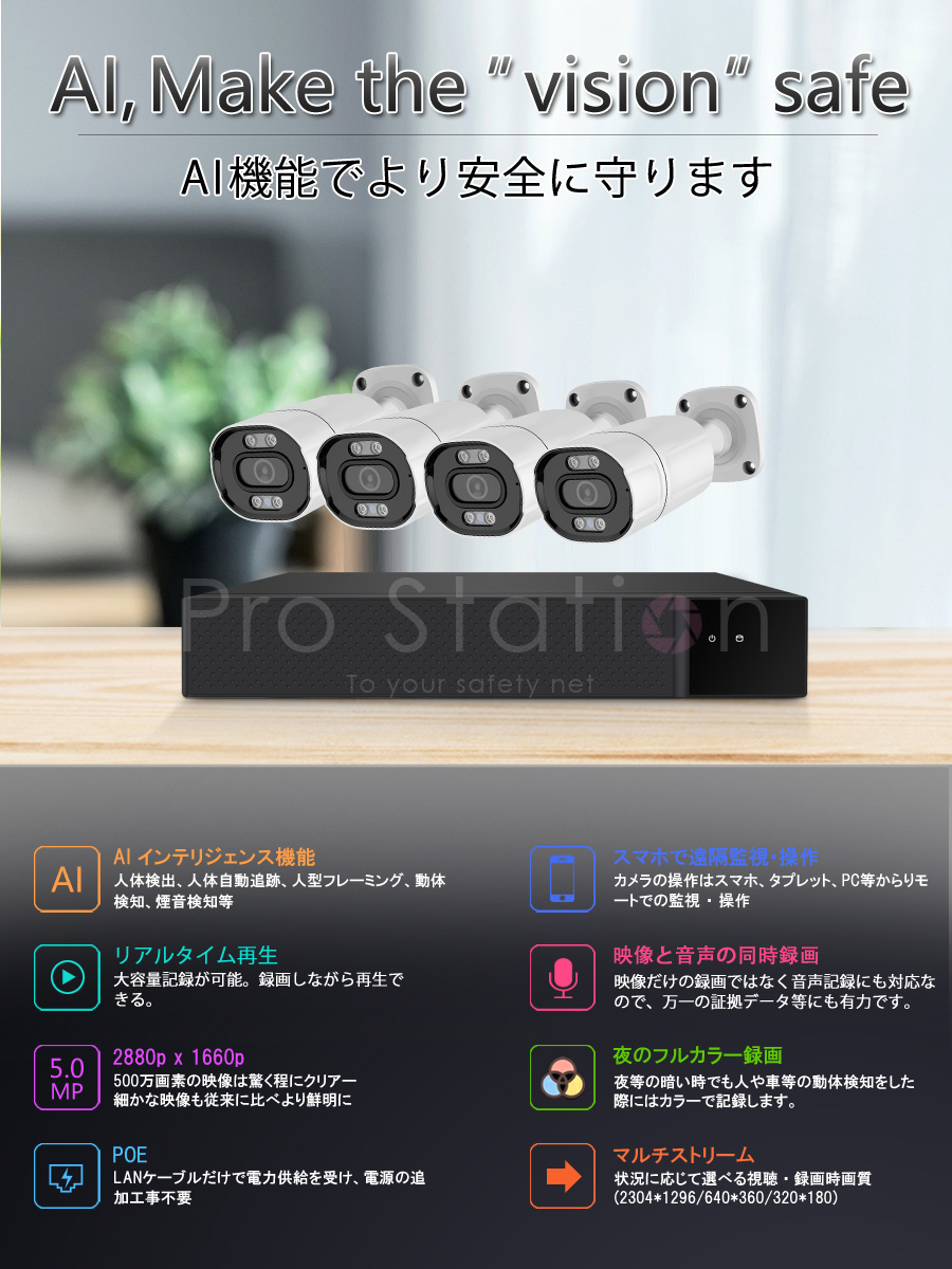 VSTARCAM POE防犯カメラ500万画素4台 NVRセット ONVIF対応 2880*1620