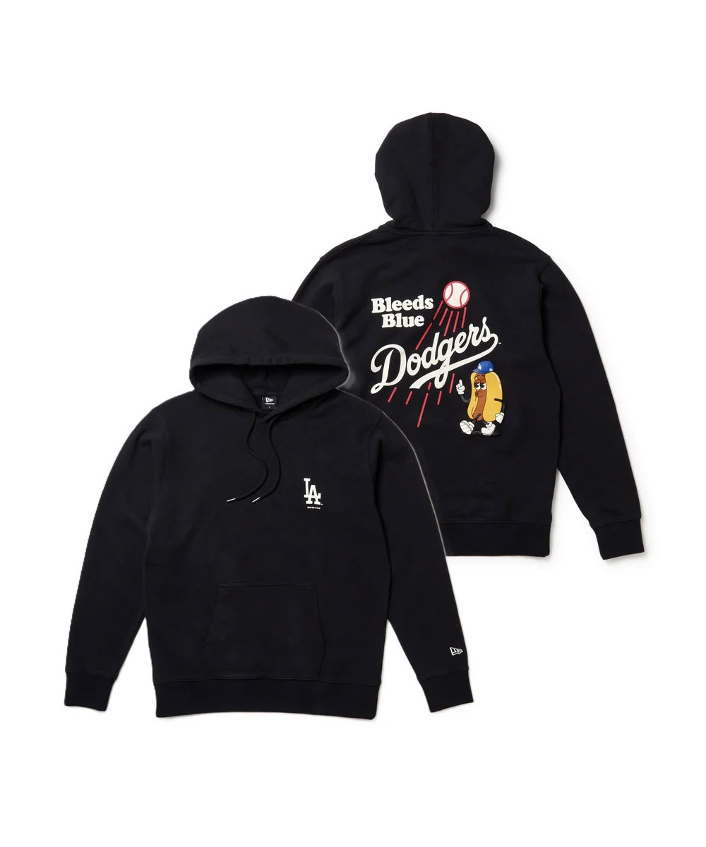 NEW ERA ニューエラ スウェット プルオーバー フーディー ロサンゼルス・ドジャース Bleeds Blue Hot Dog 15129290 パーカー MLB 11オンス 裏毛 刺繍 ブラック | NEW ERA | 01