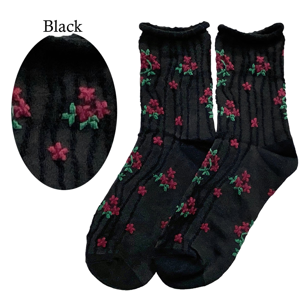 即納 送料無料 クルーソックス レディース 靴下 22-24cm 花柄 刺繍 フラワー 韓国ファッシ...