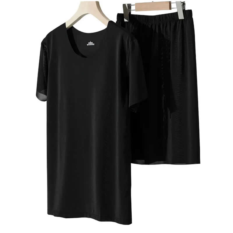 送料無料 接触冷感 メンズ ルームウエア 半袖シャツ + ハーフパンツ 上下セット 薄手 大きいサイズ M L XL 半袖丸首シャツ アイスシルク 軽い 下着 Tシャツ |  | 01