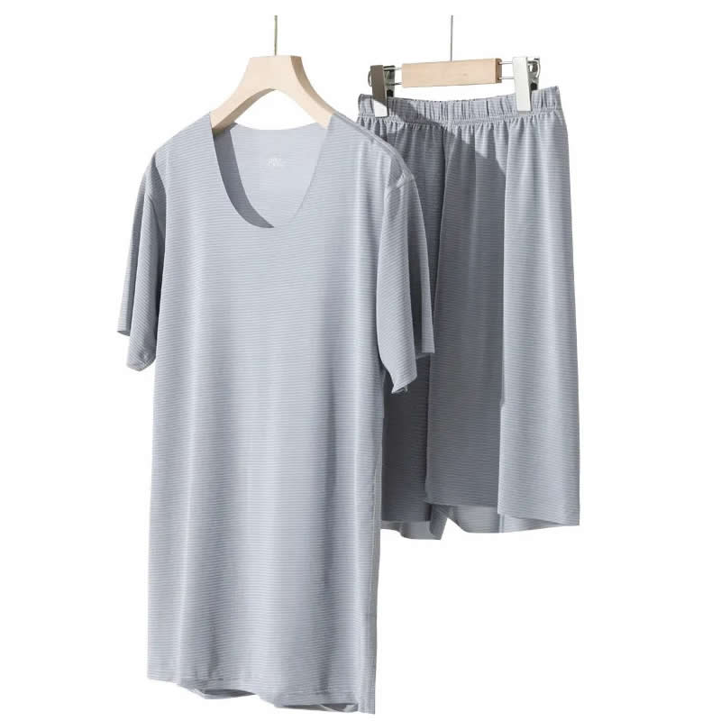 送料無料 接触冷感 メンズ ルームウエア 半袖シャツ + ハーフパンツ 上下セット 薄手 大きいサイズ M L XL 半袖丸首シャツ アイスシルク 軽い 下着 Tシャツ |  | 02