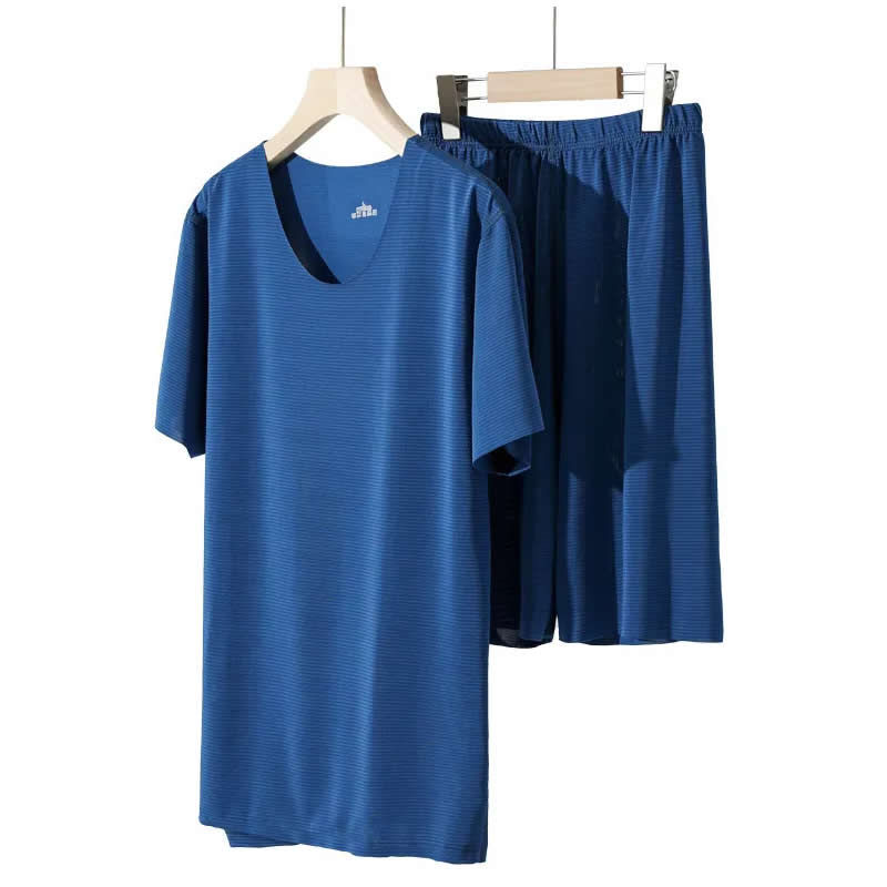 送料無料 接触冷感 メンズ ルームウエア 半袖シャツ + ハーフパンツ 上下セット 薄手 大きいサイズ M L XL 半袖丸首シャツ アイスシルク 軽い 下着 Tシャツ |  | 04