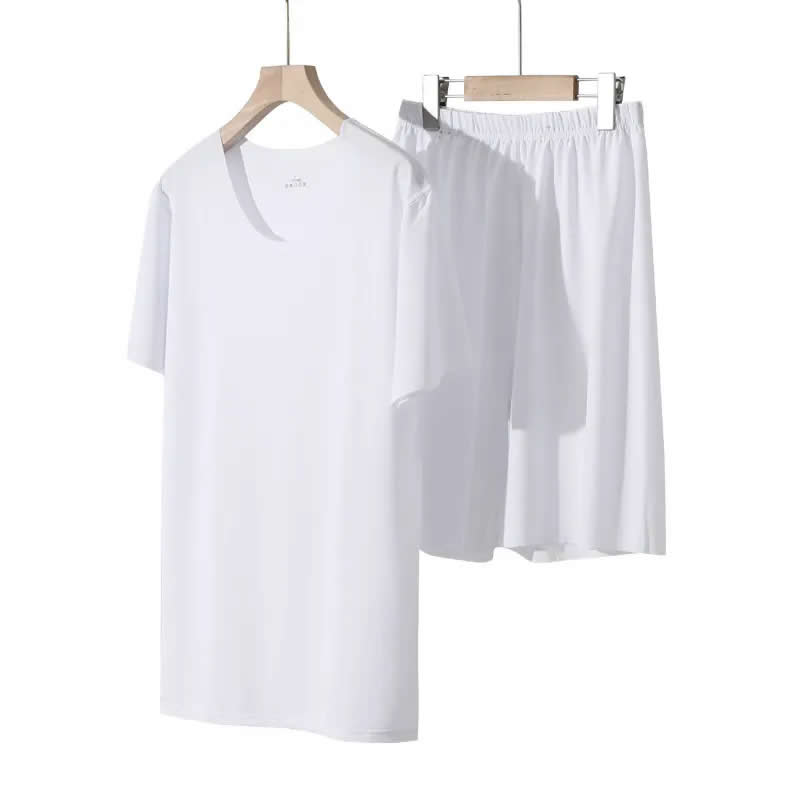 送料無料 接触冷感 メンズ ルームウエア 半袖シャツ + ハーフパンツ 上下セット 薄手 大きいサイズ M L XL 半袖丸首シャツ アイスシルク 軽い 下着 Tシャツ |  | 03