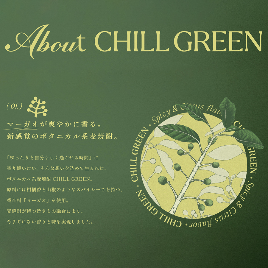 ボタニカル 麦焼酎 チルグリーン CHILL GREEN spicy & citrus 720ml 2本セット Alc.25％ 鹿児島県 濱田酒造 焼酎 白麹 乙類 マーガオ チルアウト ハイボール｜pulchrade-shop｜04