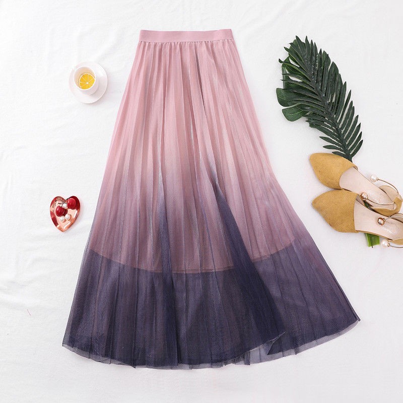On グラデーション プリーツ スカート Size:S 全豪ver. 大きいサイズ レディース 光沢 グラデーション プリーツ