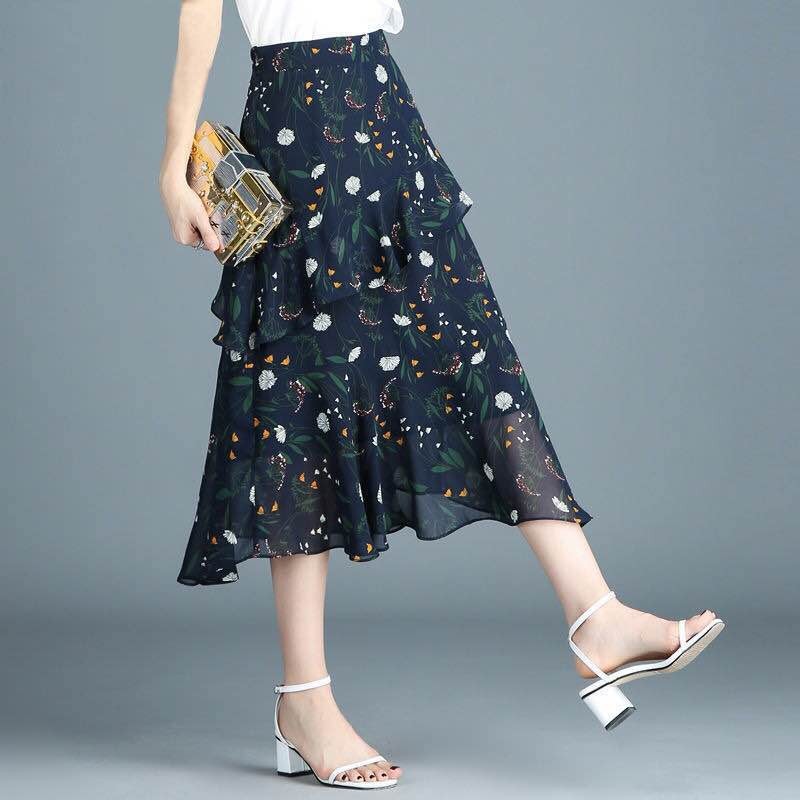 ユキコ花井　スカート　紺　Sサイズ（6号） 大きいサイズ レディース ロング丈お花柄スカート(LL/3L/4L/5L