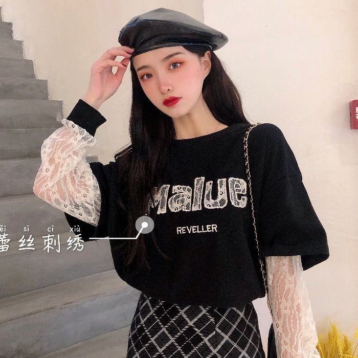 大きいサイズ レディース Tシャツ カットソー メッセージ 長袖 レース 