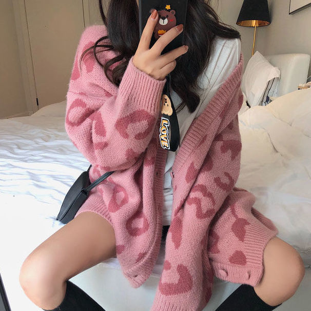 【未使用】ブルマリン　襟フリル長袖ロングカーディガン　ヒョウ柄　ストレッチ 未使用】ブルマリン 襟フリル長袖ロングカーディガン ヒョウ柄