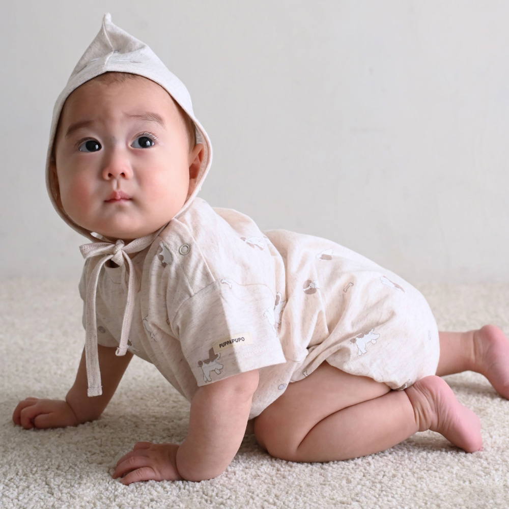 PUPPAPUPO（プッパプーポ） 半袖 ロンパース ボンネット付き 綿100