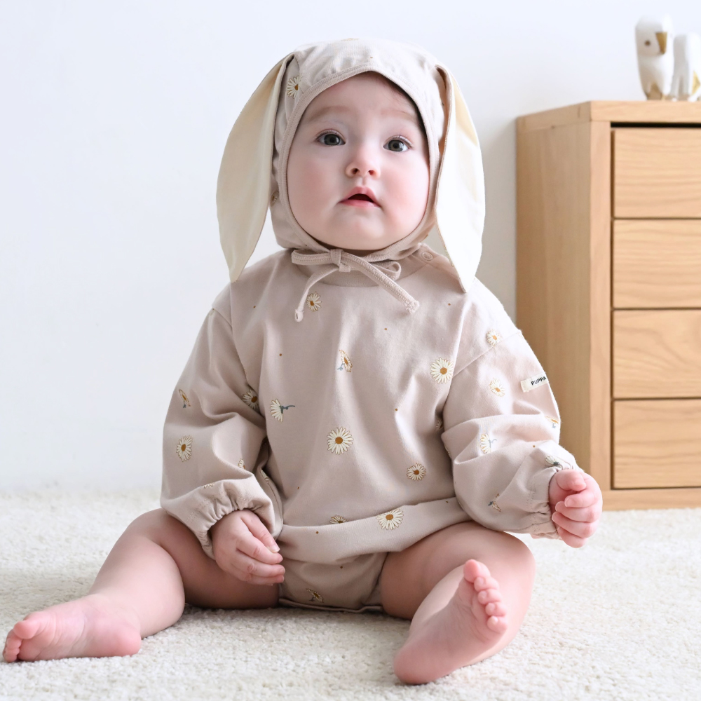 PUPPAPUPO（プッパプーポ） 長袖 ロンパース ボンネット付き 綿100