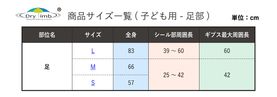 子ども防水カバー足サイズ表