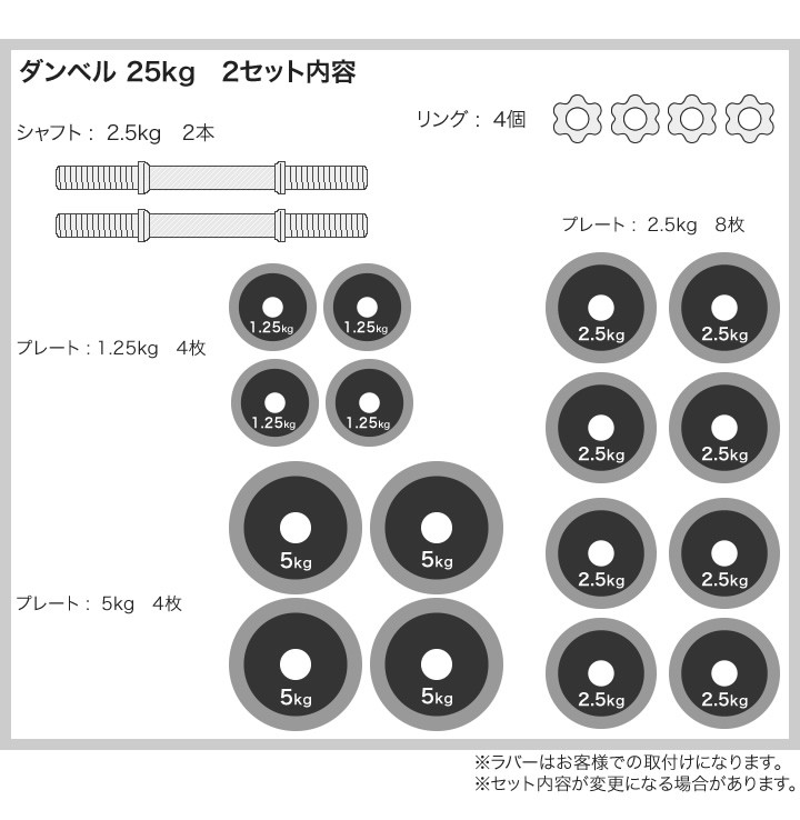 ダンベル セット 片手 25kg 2個セット 合計50kg 両手用 両腕用 ラバー