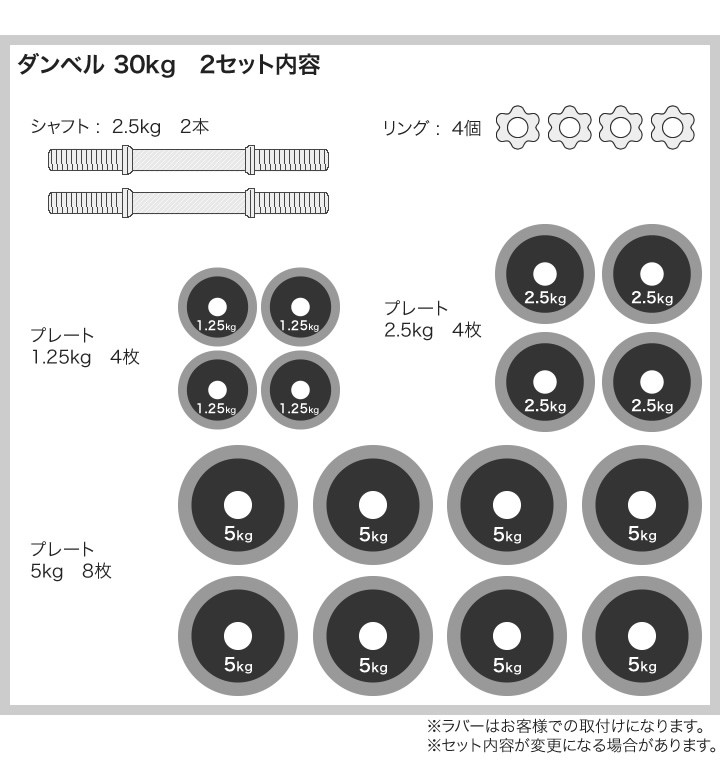 ラバー付きダンベル 片手30kg×２セット 合計60kg 両手用 : rubber30