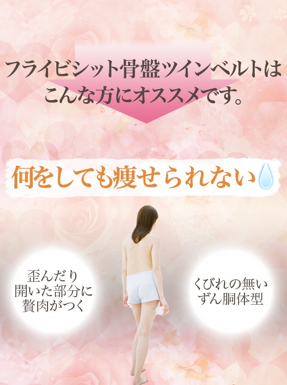 フライビシット骨盤ツインベルトはこんな方にオススメです。何をしても痩せられない　歪んだり開いた部分に贅肉がつく　くびれの無いずん胴体型