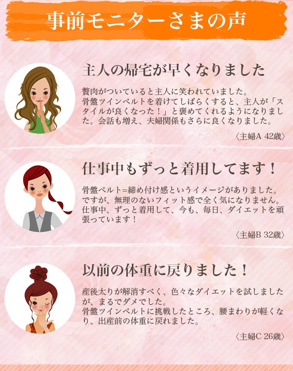 事前モニターさまの声　主人の帰宅が早くなりました贅肉がついていると主人に笑われていました。骨盤ツインベルトを着けてしばらくすると、主人が「スタイルが良くなった！」と褒めてくれるようになりました。会話も増え、夫婦関係もさらに良くなりました。（主婦A　42歳）仕事中もずっと着用してます！　骨盤ベルト=締め付け感というイメージがありました。ですが、無理のないフィット感で全く気になりません。仕事中、ずっと着用して、今も、毎日、ダイエットを頑張っています！（主婦B 　32歳）　以前の体重に戻りました！産後太りが解消すべく、色々なダイエットを試しましたが、まるでダメでした。骨盤ツインベルトに挑戦したところ、腰まわりが軽くなり、出産前の体重に戻れました。　（主婦C　26歳）