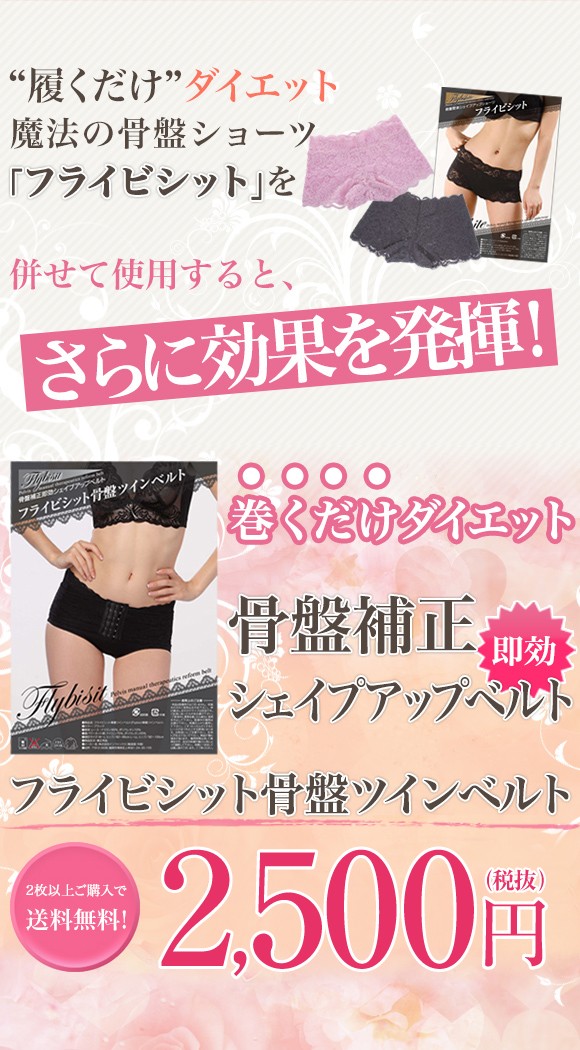 “履くだけ”ダイエット魔法の骨盤ショーツフライビシットを併せて使用するとさらに効果を発揮！巻くだけダイエット骨盤補正即シェイプアップツインベルト　フライビシット骨盤ツインベルト　2枚以上ご購入で送料無料！　2,625円（税込）