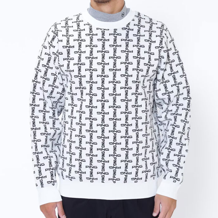 ジャガードクルーネックニット【L寸】ホワイト ピンゴルフ 621-5270902