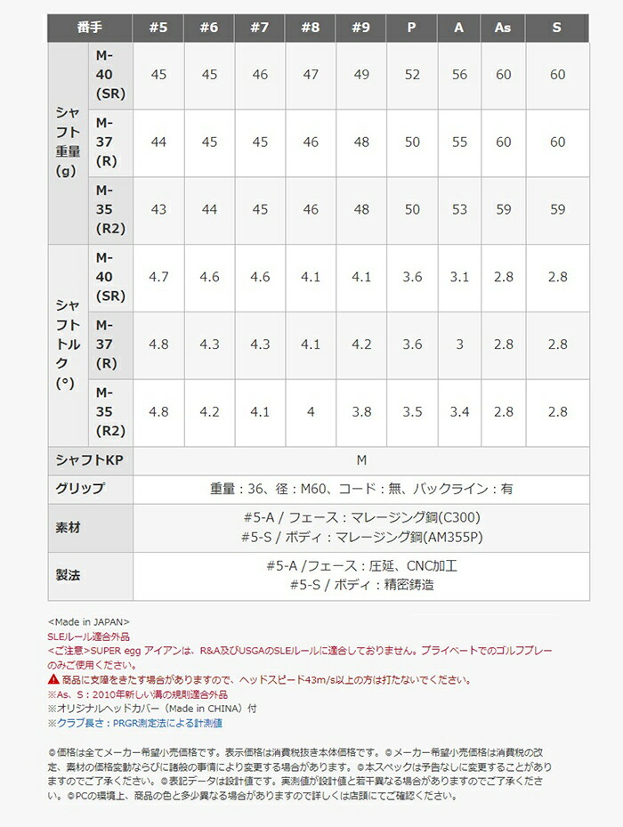 コードカオス22 ＢＯＡ　　　23.5cm SUPER egg プロギア アイアン 5本セット（#7-A）2024年モデル