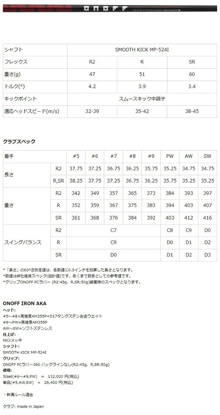AKA オノフ アイアン 5本セット（#6〜9、PW） 2024年モデル MP-524I