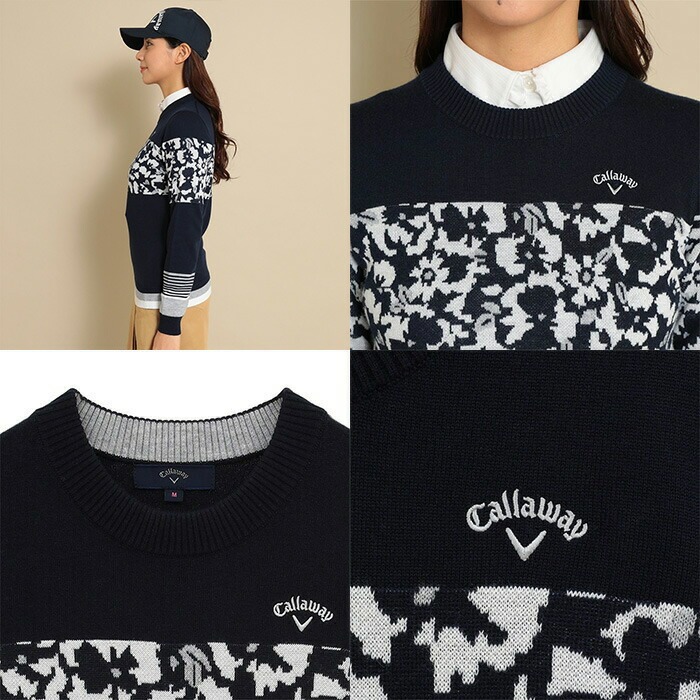 新品未使用【キャロウェイ】人気ロゴ×花柄フラワー総柄 長袖ゴルフセーターLL Callaway レディース キャロウェイ 長袖 クルーネックニット