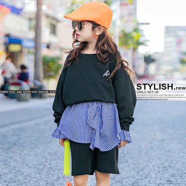 子供服 キッズ セットアップ ストライプシャツ 重ね着風 レイヤード