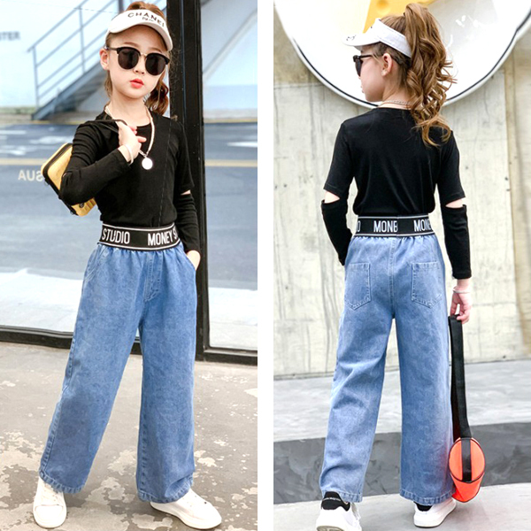SHISKY 子供服 キッズ ロングパンツ リブプリント ワイドデニム