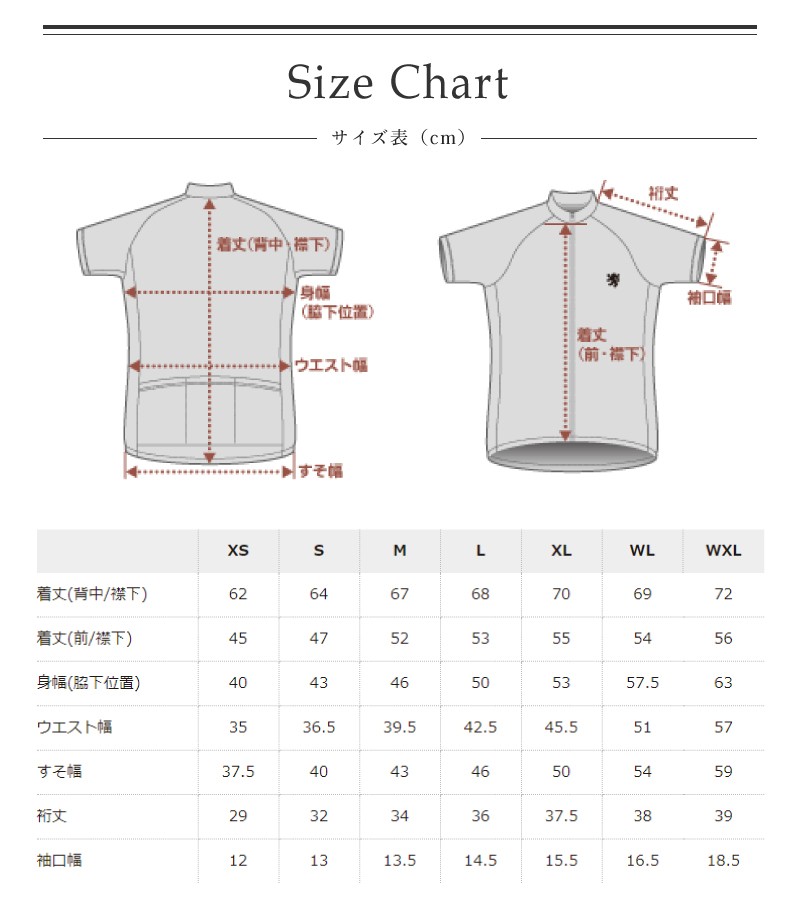 サイズ表、半袖ジャージ、KAPELMUUR（カペルミュール）、ロードバイク、送料無料、在庫あり、自転車