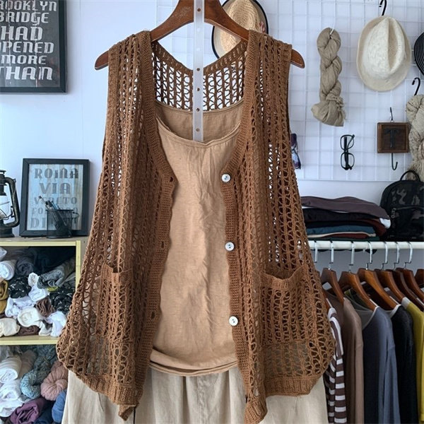 SALE／59%OFF】 ニットベスト レディース チョッキ クロシェ編み Vネック ベスト プルオーバー ノースリーブ 無地 春夏 ゆったり 前開襟  ジレ セーター ベスト トップス トップス
