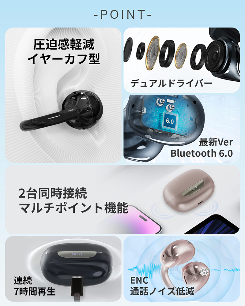 MiLink ワイヤレスイヤホン 耳掛け式 OWS イヤーカフ タッチ操作