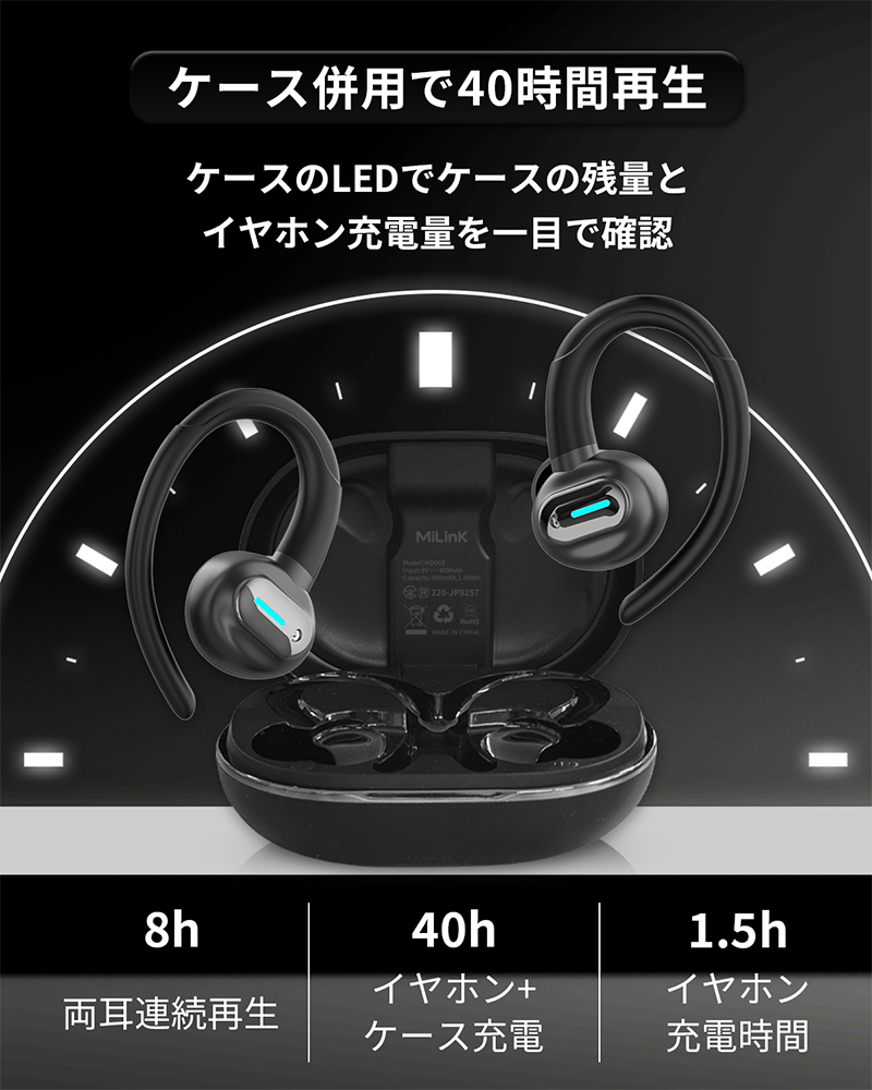MiLink ワイヤレスイヤホン 耳掛け式イヤホン イヤーフック ボタン
