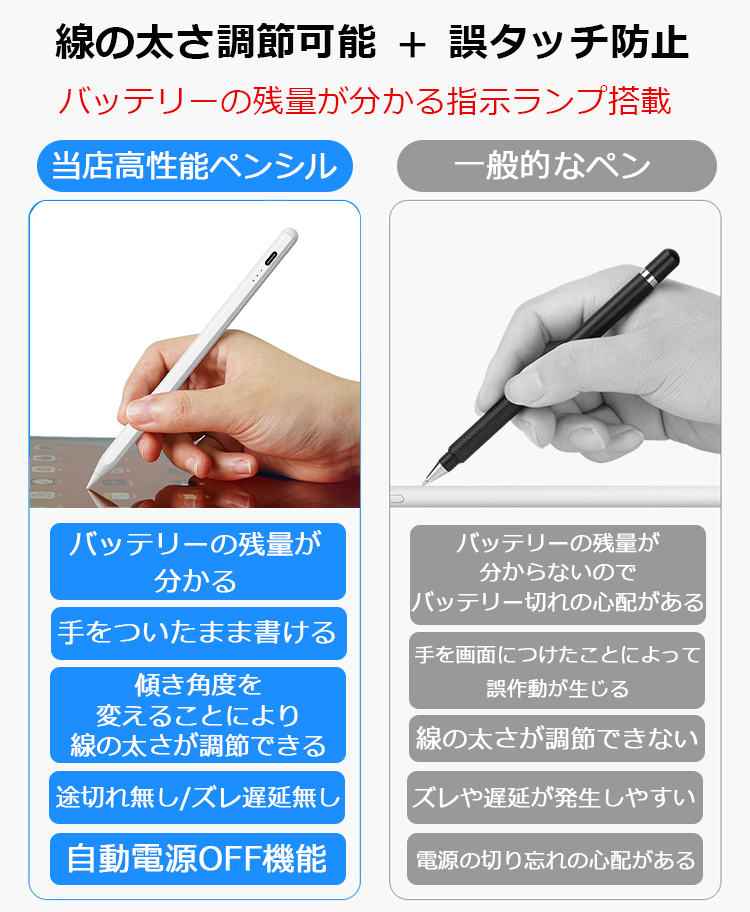 残量表示/傾き感知 タッチペン iPad ペンシル 極細 スタイラスペン
