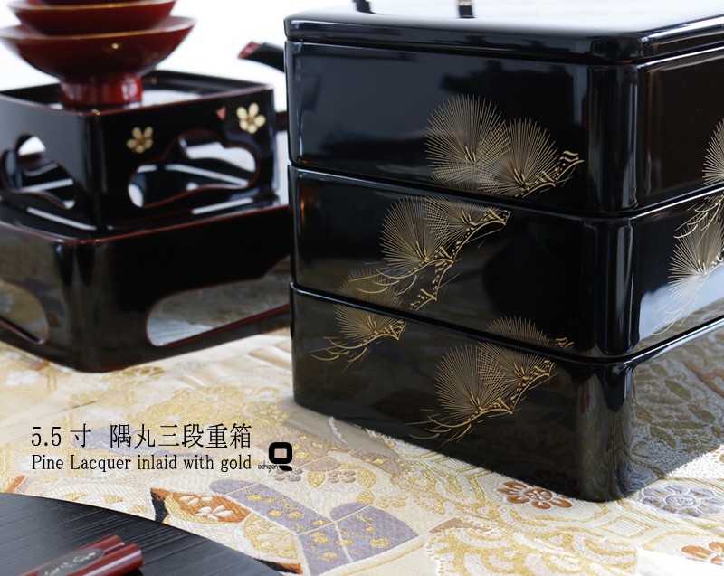 重箱 5.5寸 隅丸三段重箱 黒内朱 松風沈金 : 漆器久太郎 - 通販