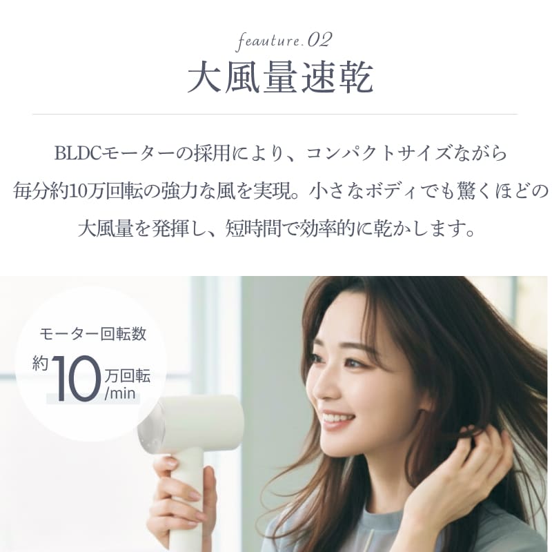 BISARA（ビサラ） 公式 ミニ ドライヤー 小型 超速乾 静音 大風量 BLDC