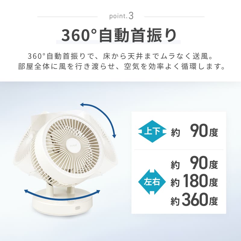 QUADS（クワッズ） 公式 360°首振り DC サーキュレーター 30畳 衣類 