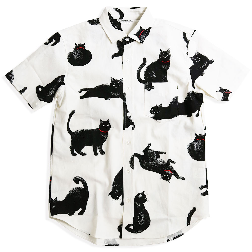 黒ネコ柄 半袖シャツ メンズ 黒猫 猫柄 派手柄 猫 CAT ねこ 柄シャツ カジュアル 日本製｜quintetto｜02
