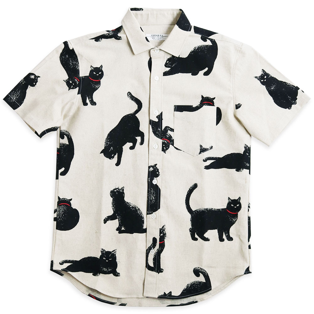 黒ネコ柄 半袖シャツ メンズ 黒猫 猫柄 派手柄 猫 CAT ねこ 柄シャツ カジュアル 日本製｜quintetto｜04