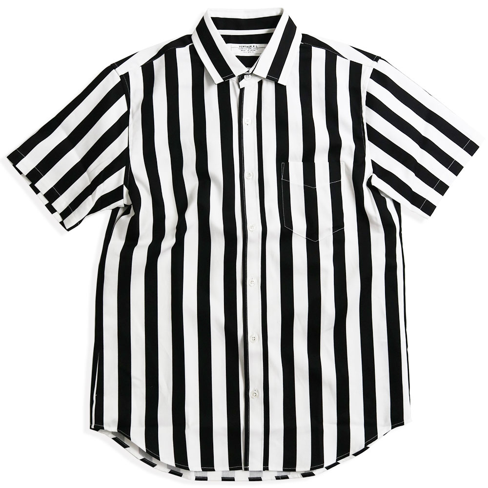 日本製 ブロックストライプ 半袖シャツ メンズ 白黒 シャツ モノトーン