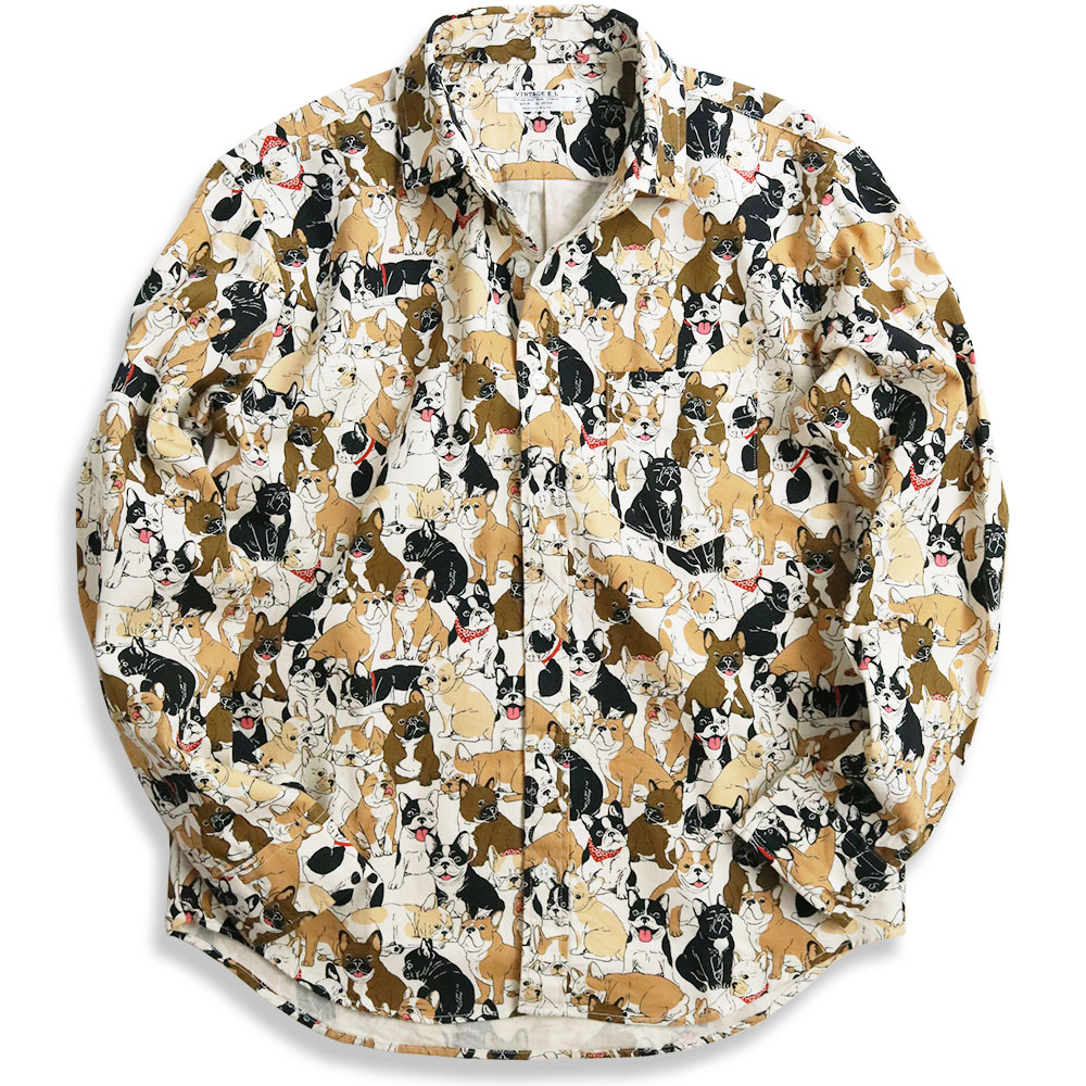 Vintage レトロ古着　アニマル柄　犬　チェックシャツ　長袖　金ボタン vintage el わんちゃん大集合 いろんな犬柄 シャツ メンズ 柄