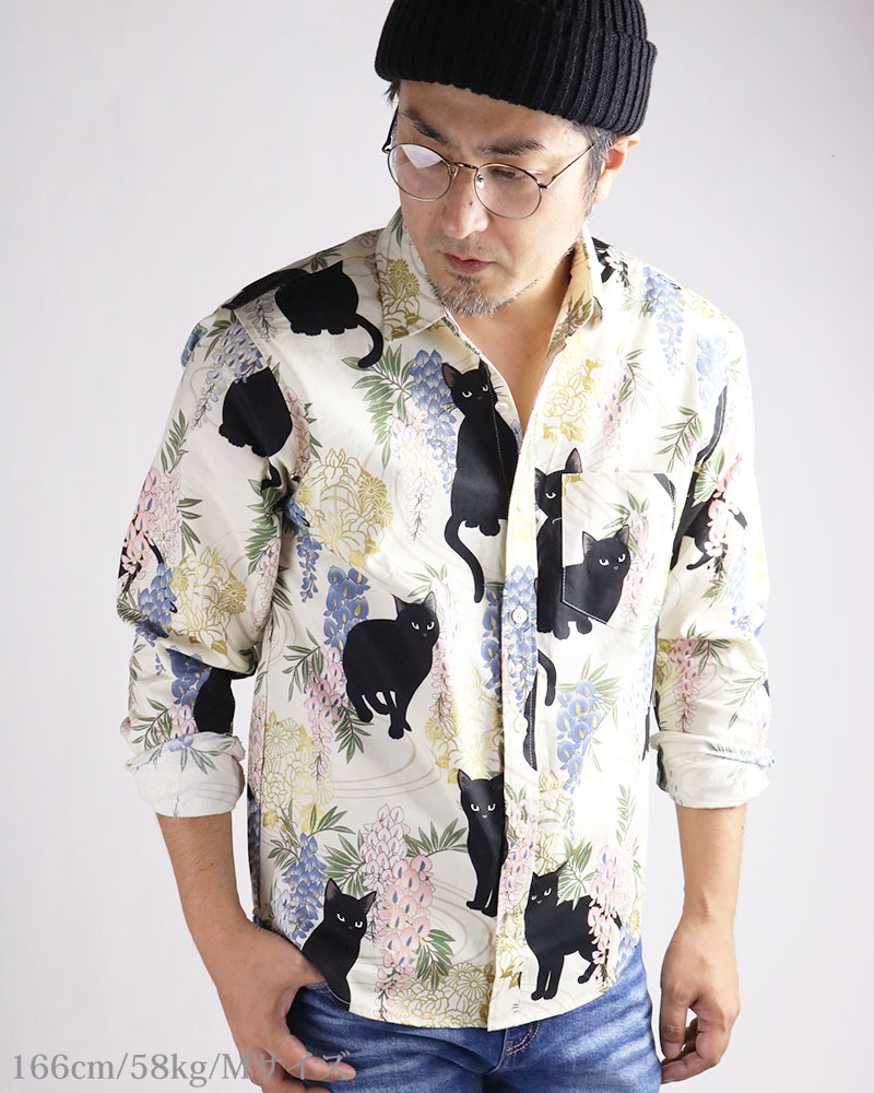希少 サイズM エトロ アニマル柄 長袖シャツ カラフル 薄手 動物 イタリア製 vintage el VINTAGE EL 黒猫 花柄 アニマル 柄シャツ 長袖