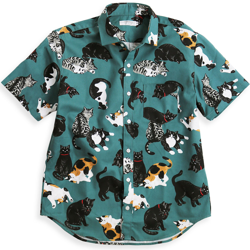 vintage el 猫柄シャツ メンズ 半袖シャツ ネコ柄 アニマル柄
