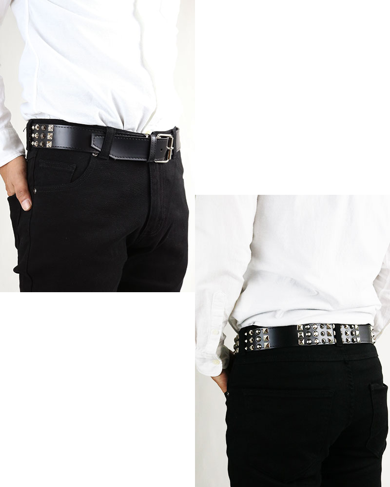 ヘビーメタル 3連 ミックススタッズ ベルト 3.8cm幅 鋲 フェイクレザー