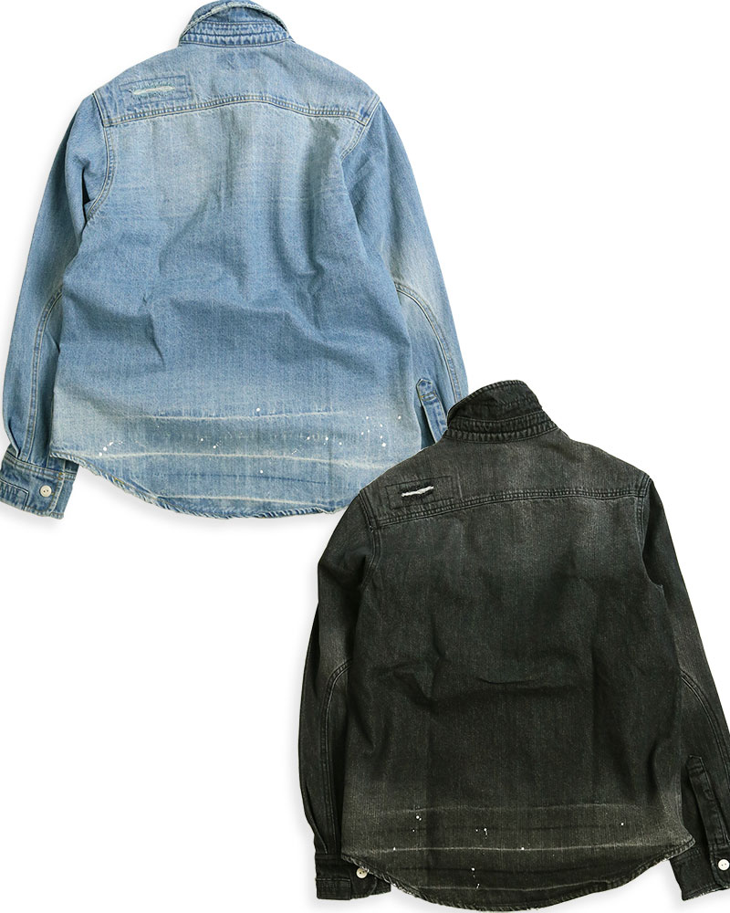 デニムシャツ メンズ 長袖 リペア ダメージ ペンキ ペイント 長袖シャツ ワークシャツ アメカジ ブルーデニム ブラックデニム ALCARZA アルカーザ 黒 青 デニムシャツ メンズ 長袖 リペア ダメージ ペンキ ペイント 長袖