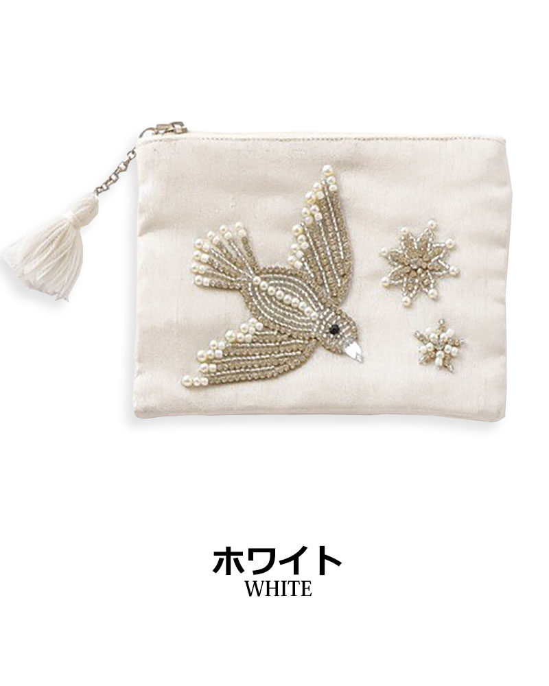 鳥モチーフ ビーズ刺繍 フラットポーチ 小物入れ 小さめ バード